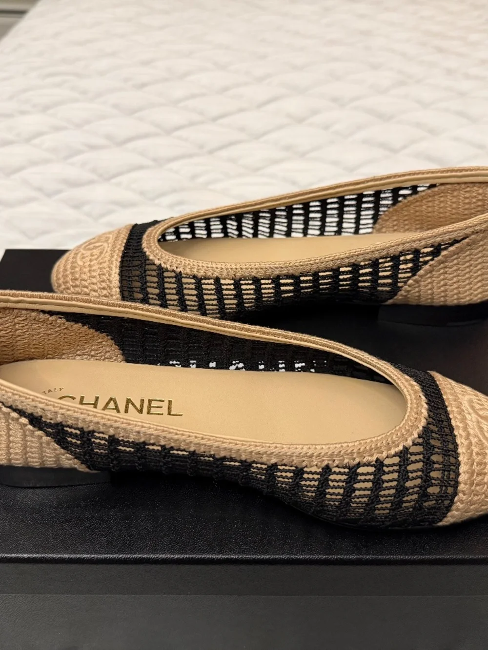 Brand new Chanel beige/black ballet flats